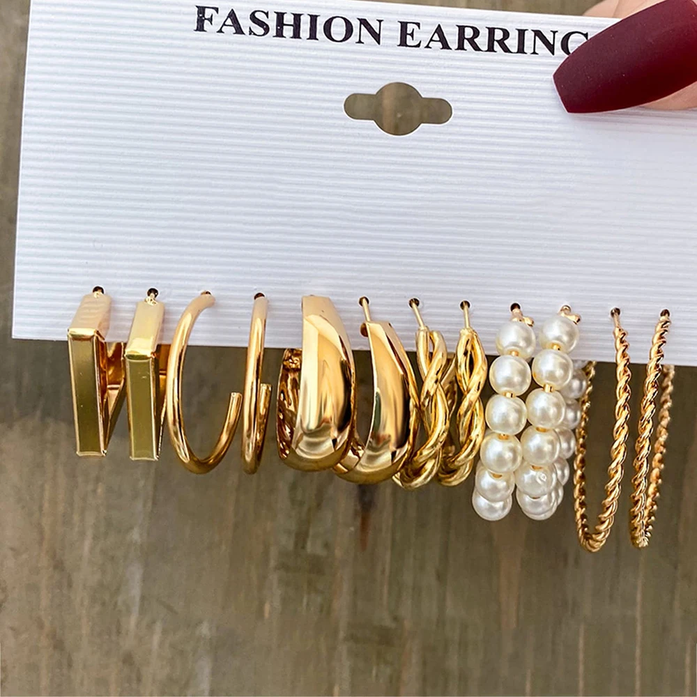 Boho Big Circle Hoop Earring Set for Women, Gold Color Bohemia Vintage Pearl Earring, Heart Zircon Ear Studs Jewelry: Rhodium Plated