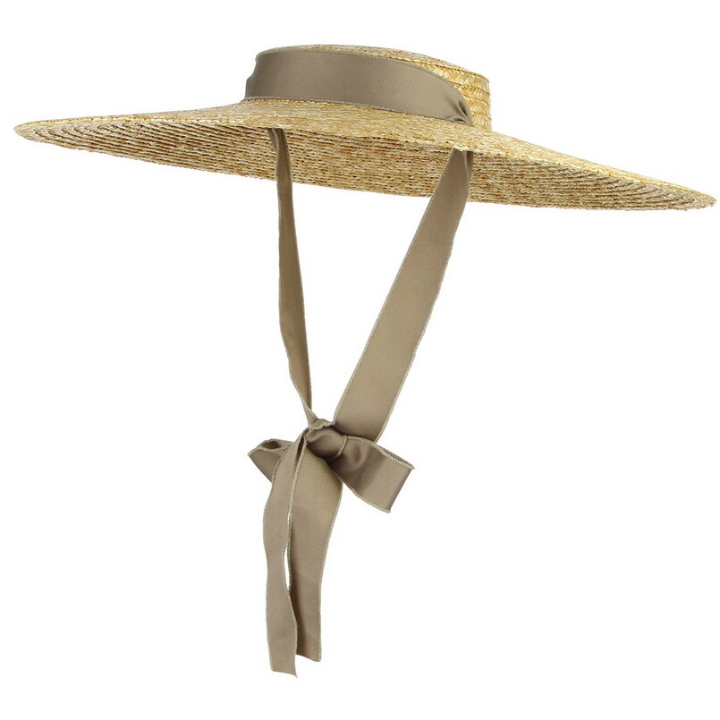 Gemvie stråhat med stor skygge sommerhatte til kvinder bånd strandkasket boater flad top solhat: Khaki / 13cm rande