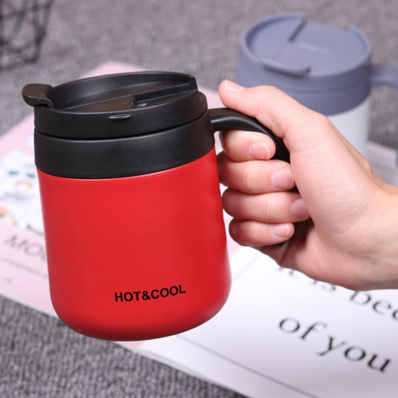 Kort kaffe termosmugg 350ml för vatten te juice isolerad kolv rostfritt stål med lock handtag kopp kontor hem: Röd