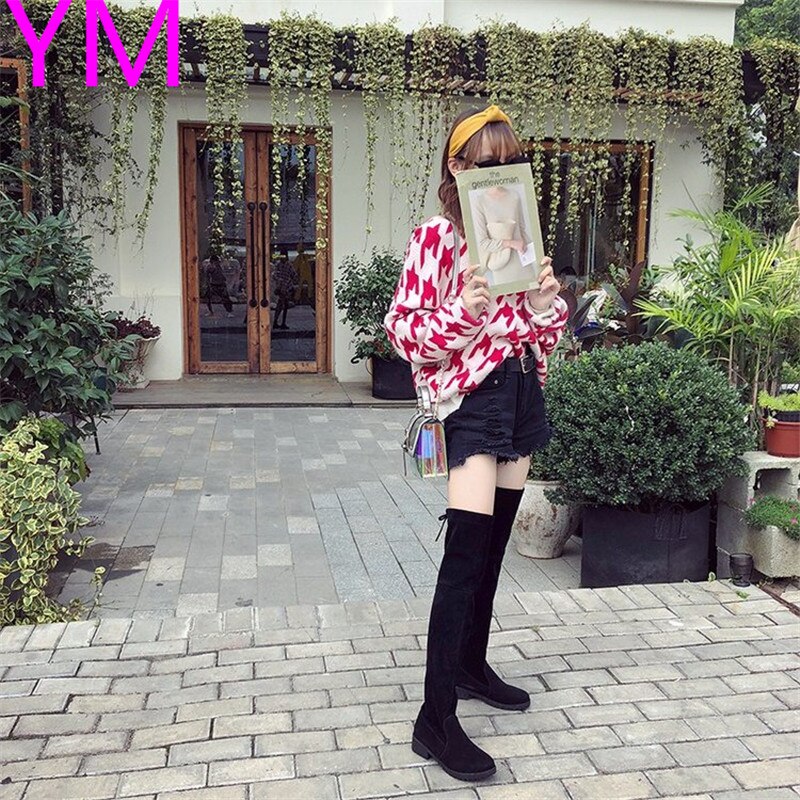 Kvinnor stövlar höst vinter dam platt botten stövlar skor över knä låret höga mocka långa stövlar 35-41