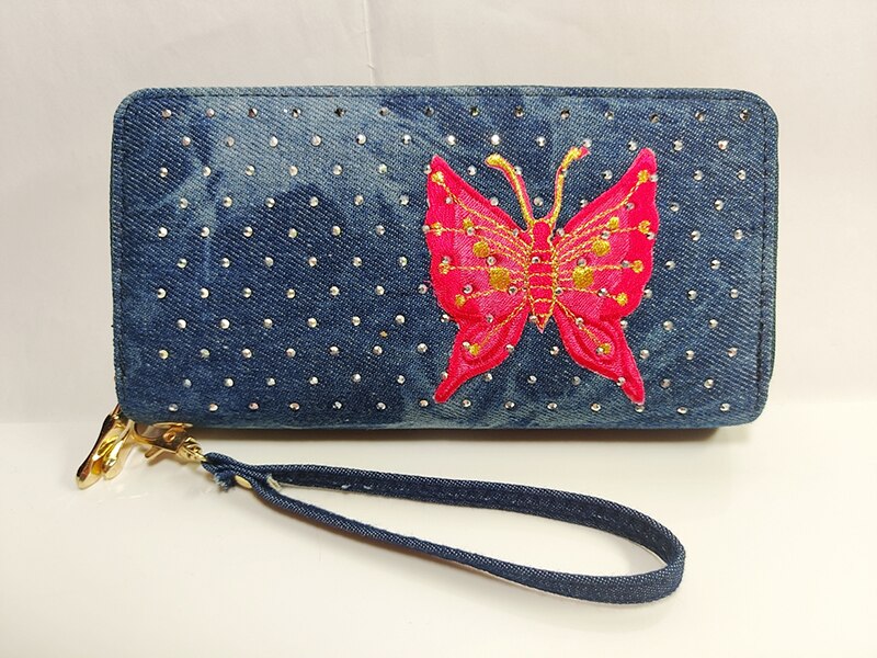 Phone Purse Women Wallets Denim Big Female Brand Retro Ladies Long Woman Wallets Card Clutch Double Zipper ladies wallet Diamond: Butterfly Wallet 5