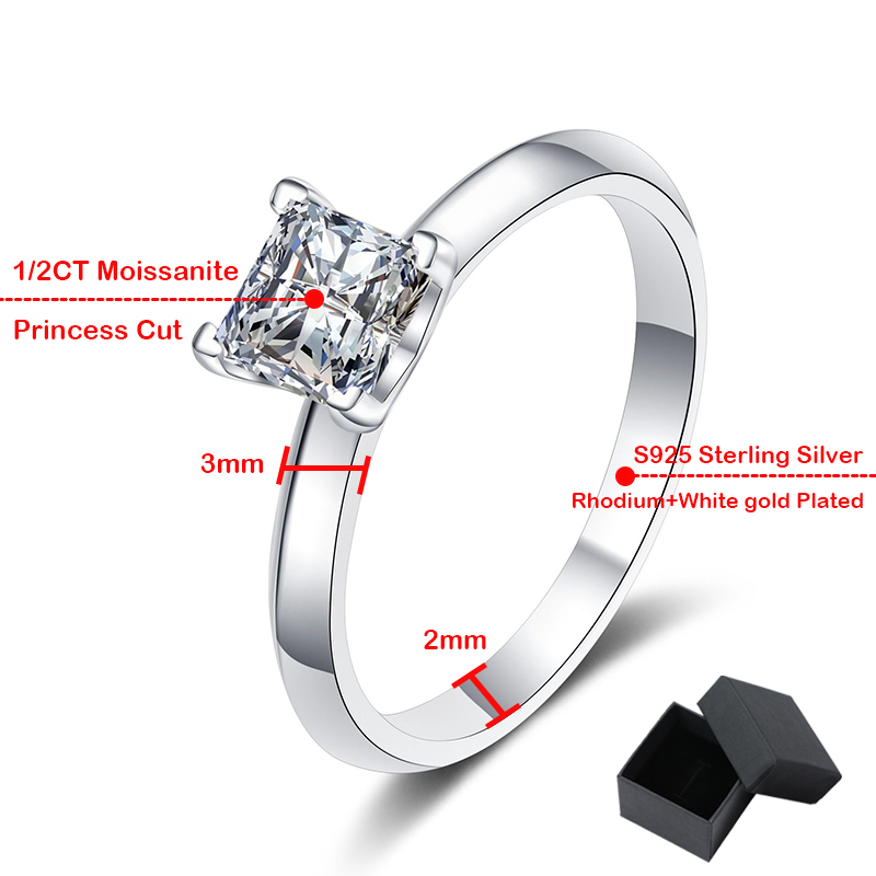 Gecertificeerde prinses geslepen Moissanite verlovingsring 1CT 2CT kleurloze VVS diamanten bruidsvoorstelringen sterling zilveren trouwring