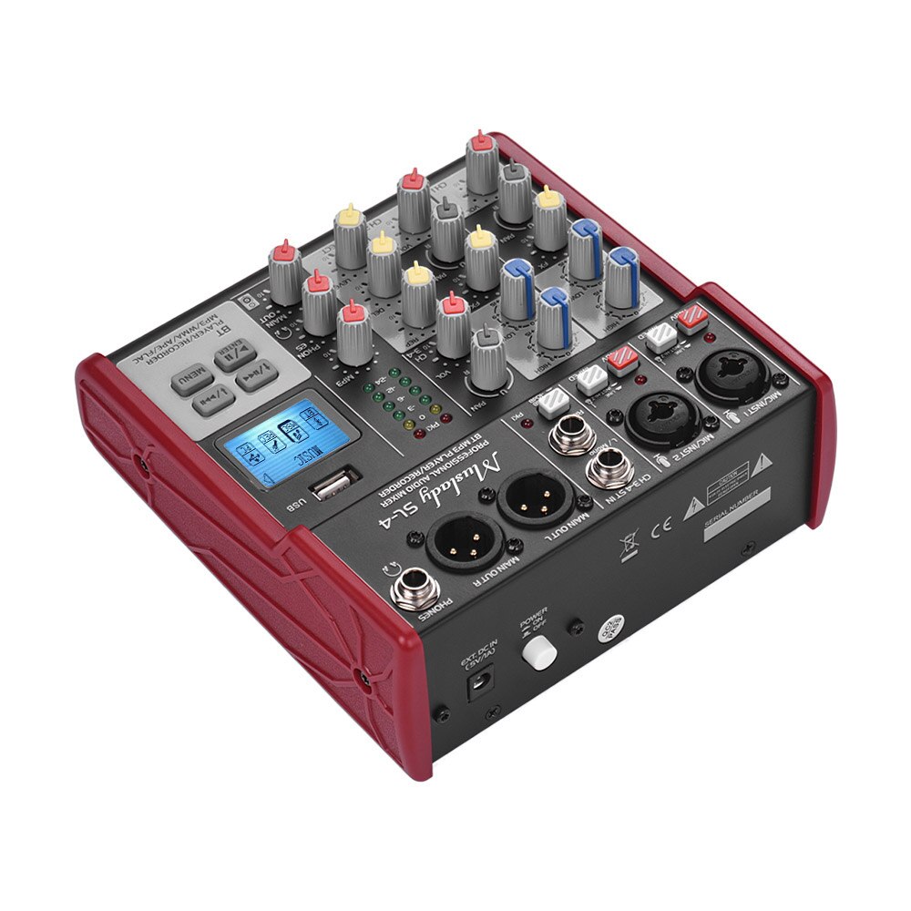 Muslady SL-4 Compact Size 4-Channel Mixing Console Mixer 2-band EQ Built-in 48V Phantom Power Supports BT Connection USB