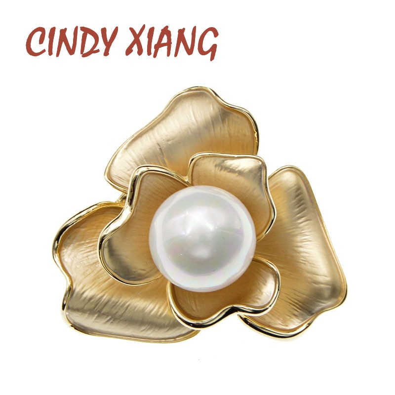 CINDY XIANG Matte Gold Color Pearl Flower Brooches For Women Eegant Luxury Brooch Pin 2 Colors Available High Qualiry