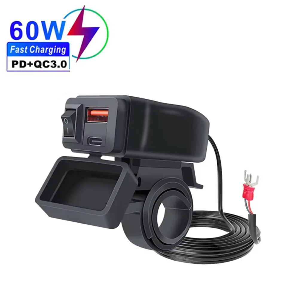 60W motorfiets USB snellader PD QC3.0 voedingsadapter stuur dubbele USB-aansluiting waterdicht met schakelaar voltmeter: Oranje