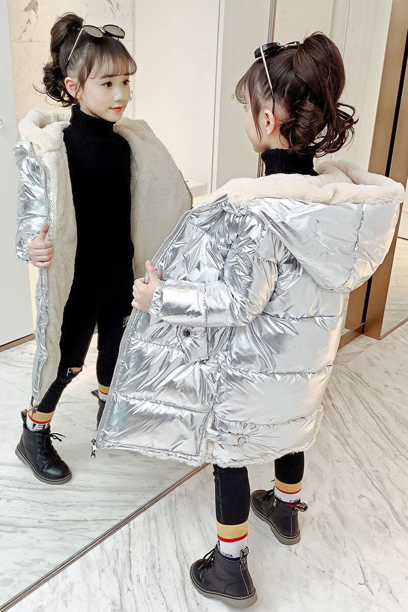 -30 Russian Winter warm Plus thick velvet Jacket for Girl Clothes Parka Hooded Coat Waterproof snowsuit Kids Outerwear: Silver / 10T