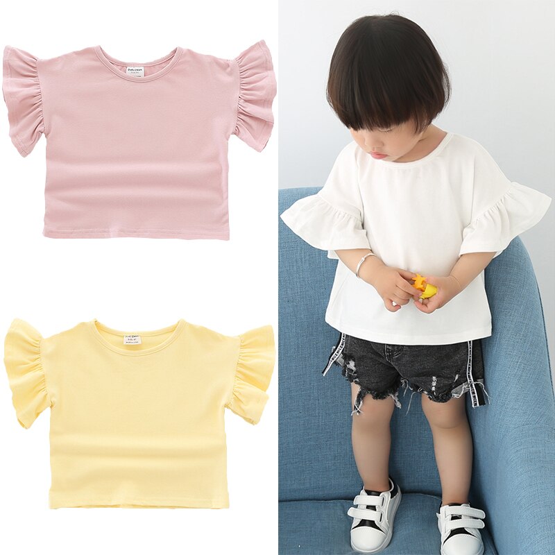 Zomer Meisje Katoenen Casual T-Shirt Effen Kleur Korte Ruffle Mouwen Stijl Baby Kinderen Pasgeboren Meisjes Sweatshirt Tops
