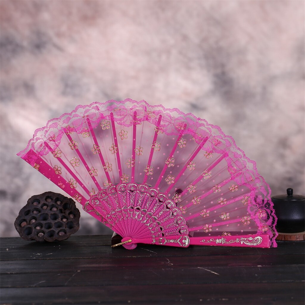 Flores de papel tipo ventilador, abanicos de seda de encaje plegables, estilo chino, para baile, boda, ,