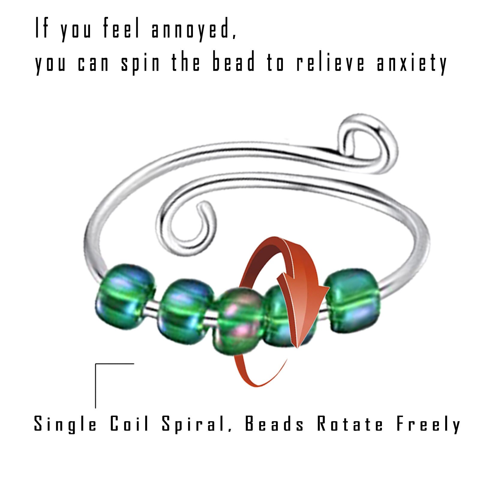 Fidget Beads Fidget Ring Spinner Single Coil Spiral Fidget Ring Beads Toy For Girl Women Rotate Freely Antistress Anxiety Ring: 2