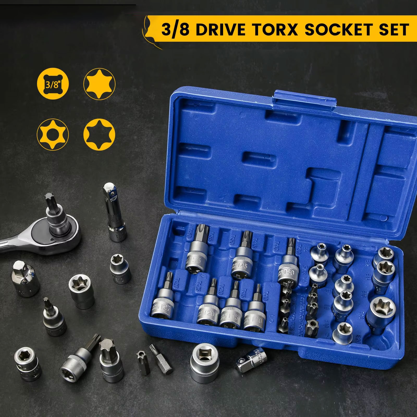 34Pcs Torx Star Sockets & Bit Set with Box Male / Female E-Security Bits Drive Handheld Tool Torque Star Socket Disassembly Tool