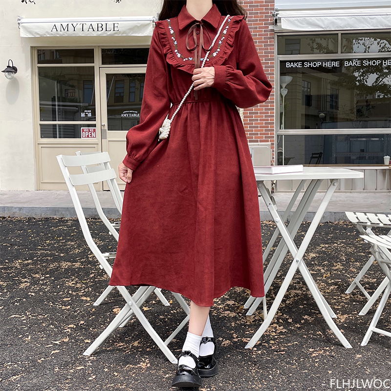 Art Mori vestido largo para niñas, ropa básica Retro, Vintage, estilo japonés, cuello de muñeca, cinta dulce, pajarita, vestido de pana, Otoño e Invierno