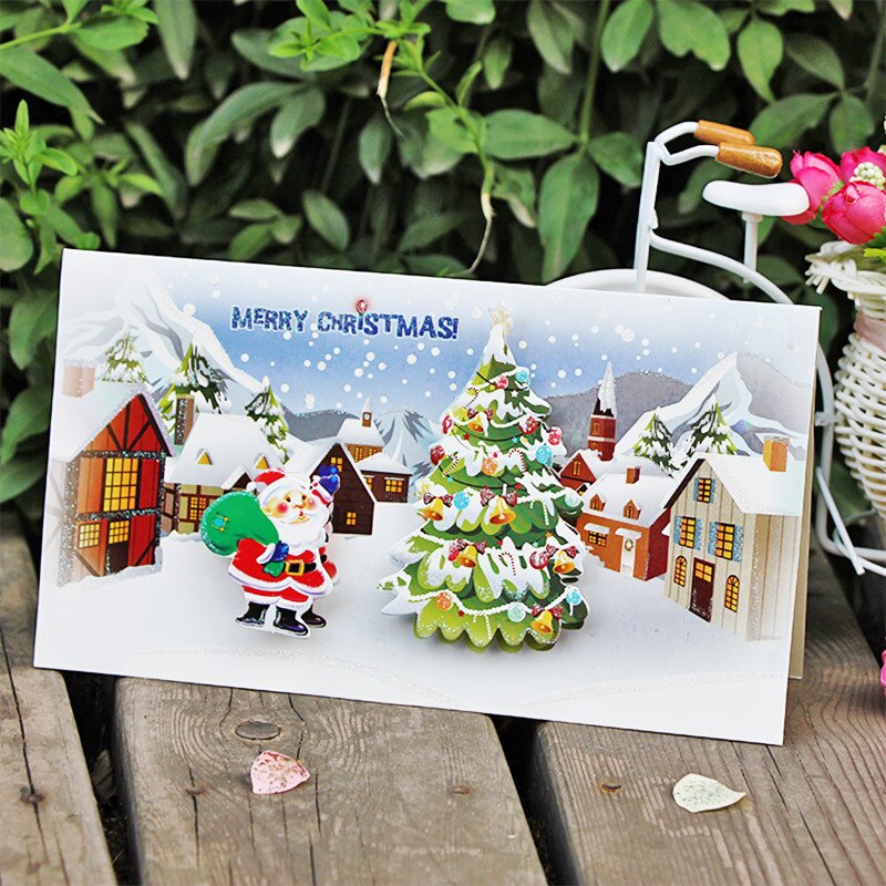 8 pièces/ensemble joyeux arbre de noël neige carte de voeux avec enveloppes or Sequin 3d Pop Up meilleurs voeux blanc merci cartes