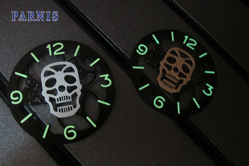 Goedkope Horloge Accessoires Onderdelen, 38.9mm Mens Skeleton Mechanisch Horloge Schedel Lichtgevende Zilver Zwart Gouden Horloge Wijzerplaat