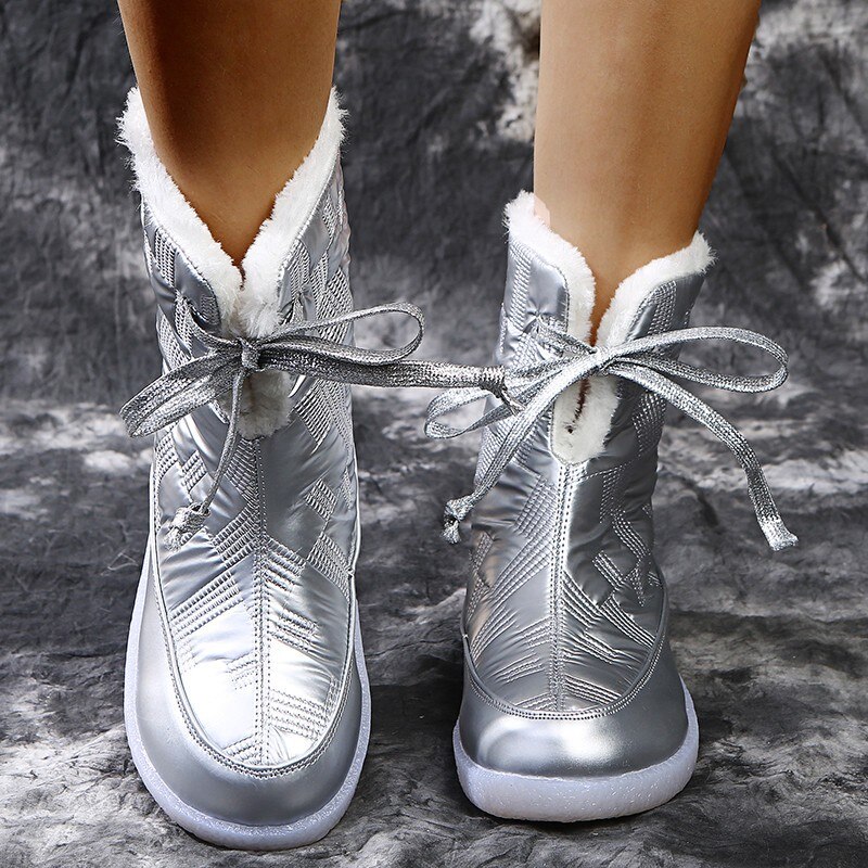 Merke vinterstøvler sølv kvinner snøstøvler dame varme sko jente finne rund tå kryssbundet zapatos de mujer