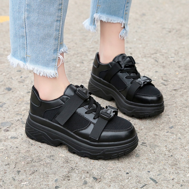 QWEDF Summer athletic Women Sneakers For Woman walking Shoes Girls Simple Breathable Sport Sneaker Black 6cm YC-82