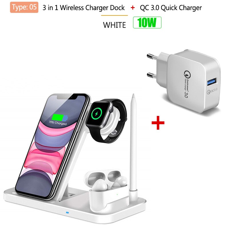 4in1 Qi Wireless Charge Station Foldable Base 15W Fast Wireless Charging for Samsung S20 S10 Huawei Apple iWatch 5 4 3 Airpods 2: T5 10W White QC3.0