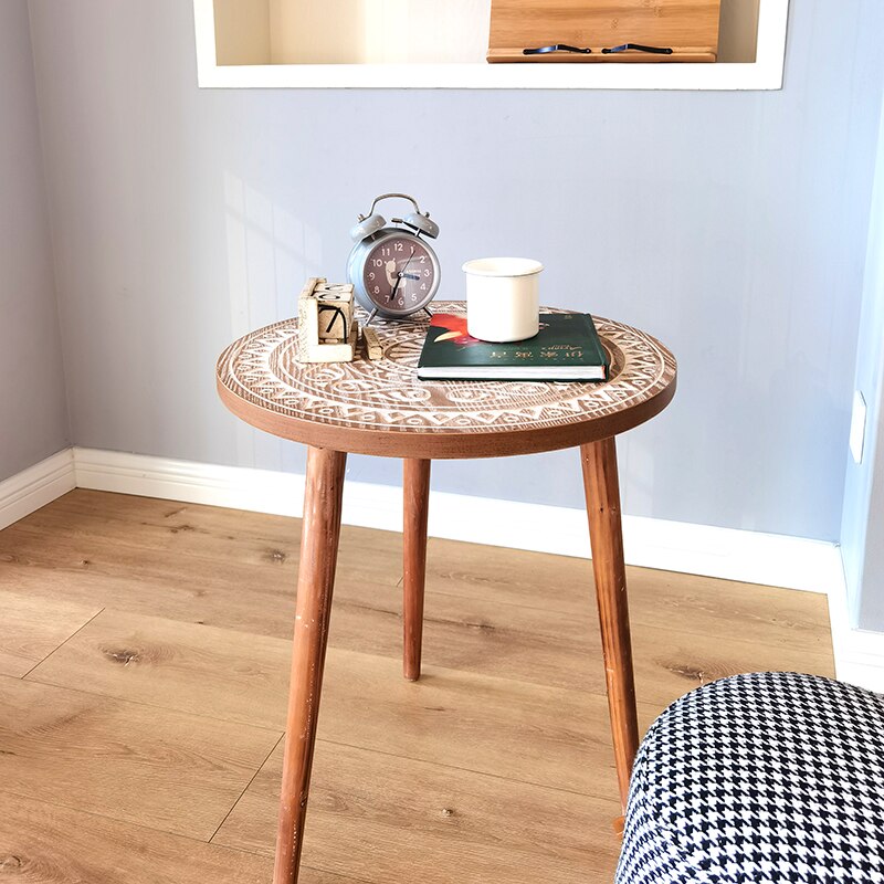 Moroccan Carved Style Round Side Table, Wooden End Table, Coffee Table,Nightstand/Small Tables for Living Room, Accent Tables