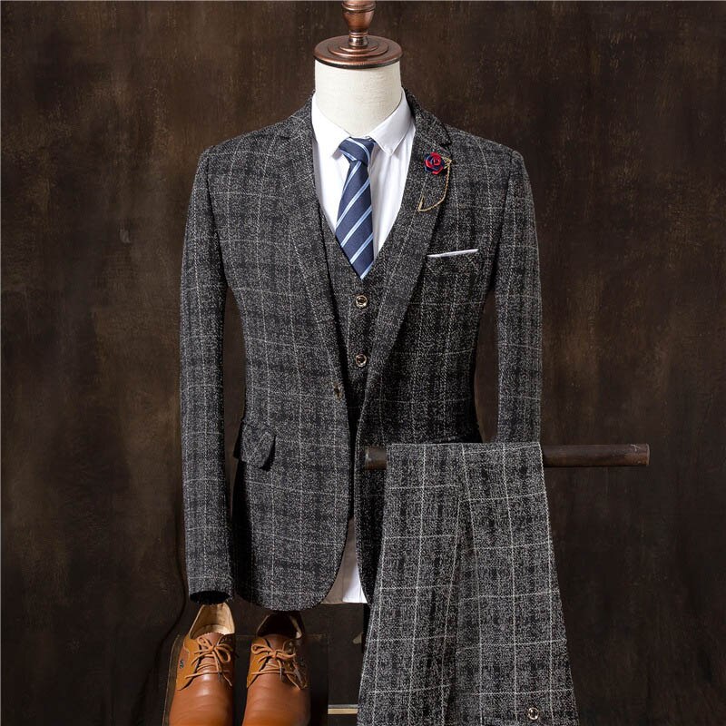 Men Suit Autumn Men Business Formal Male Blazers Slim Wedding Prom Suits Boutique Plaid Groom Tuxedos men dress suits: Dark grey / Asia XL 61 to 67kg