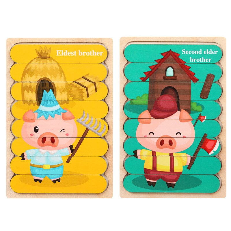 Kids Animal 3D Wooden Puzzle Montessori Toy Double-sided Strip Puzzle Telling Story Stacking Jigsaw Educational Toy For Children: WT252