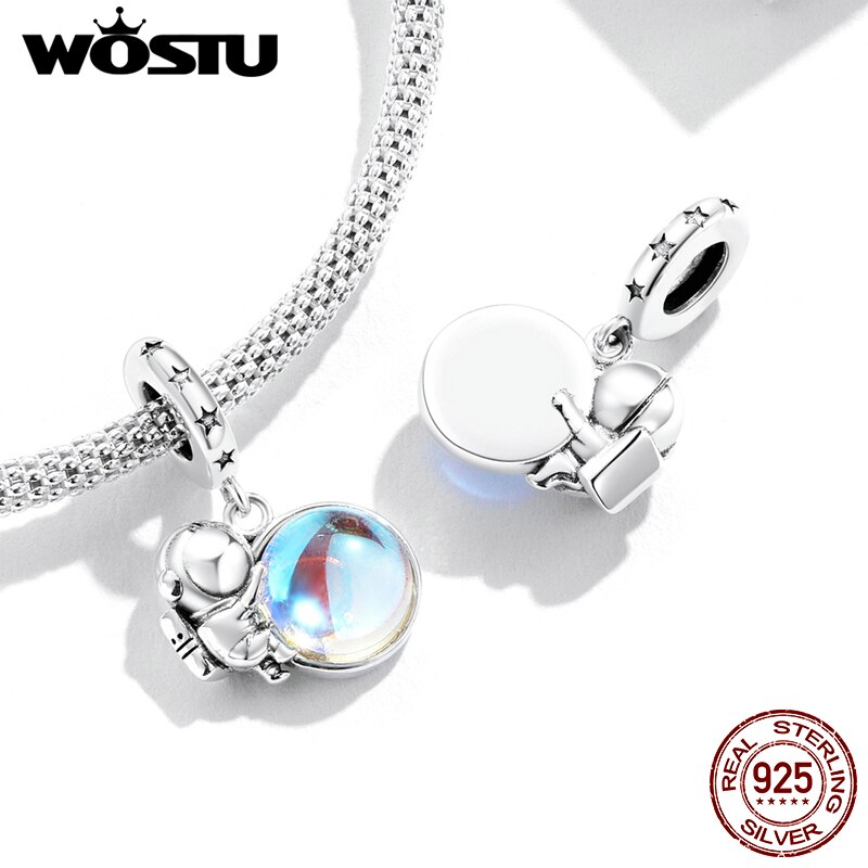 WOSTU 925 Sterling Silber Mondstein Regenbogen Charme Halskette Perlen passen Original Armbinde Armreif Raum Astronaut Stil Schmuck