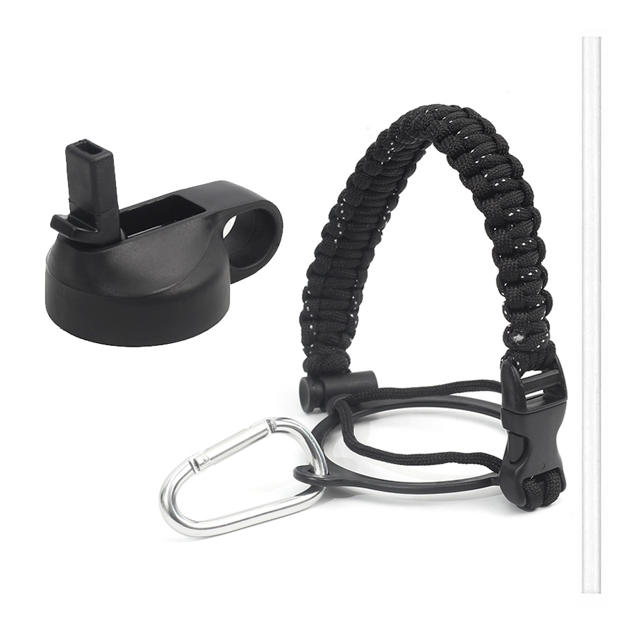 Hydro Flask Thermos Wide Mouth Bottle Safety Ring and Carabiner Paracord Handle with Insulated Wide Mouth Cap + Water Cup Strap: Black