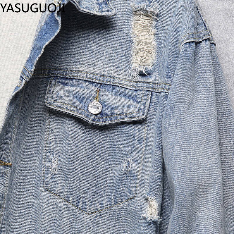 Yasuguji-chaqueta vaquera con estampado de alas para hombre, abrigo vaquero con agujeros rasgados, color azul claro, nueva prenda lavada,