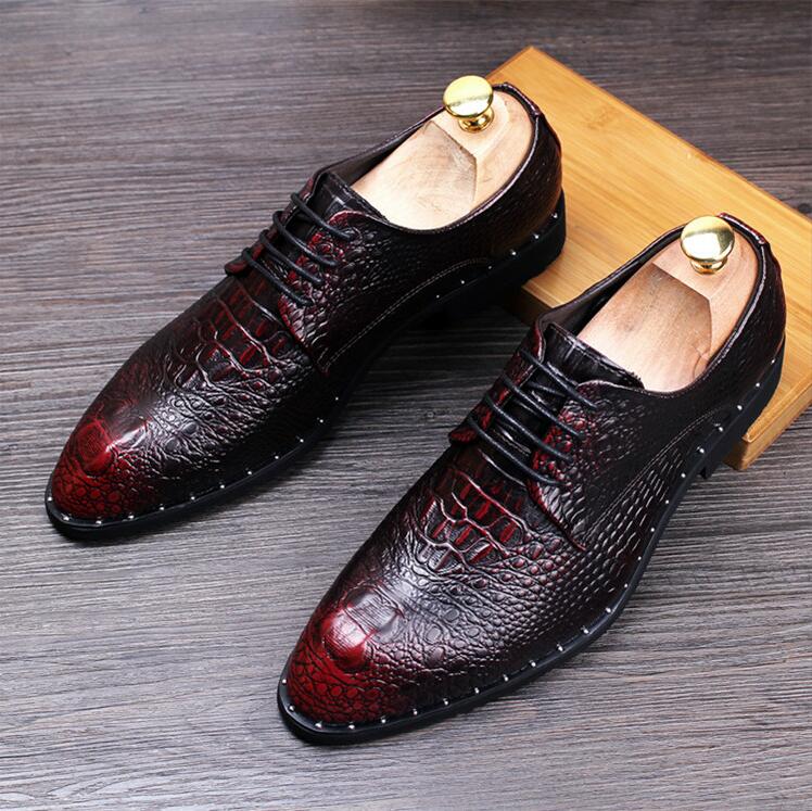 Zapatos de piel de cocodrilo para hombre, zapatos de de boda con cordones, zapatos Oxford para oficina de negocios para hombre, zapatos planos de talla grande, para hombres: Color vino / 9.5