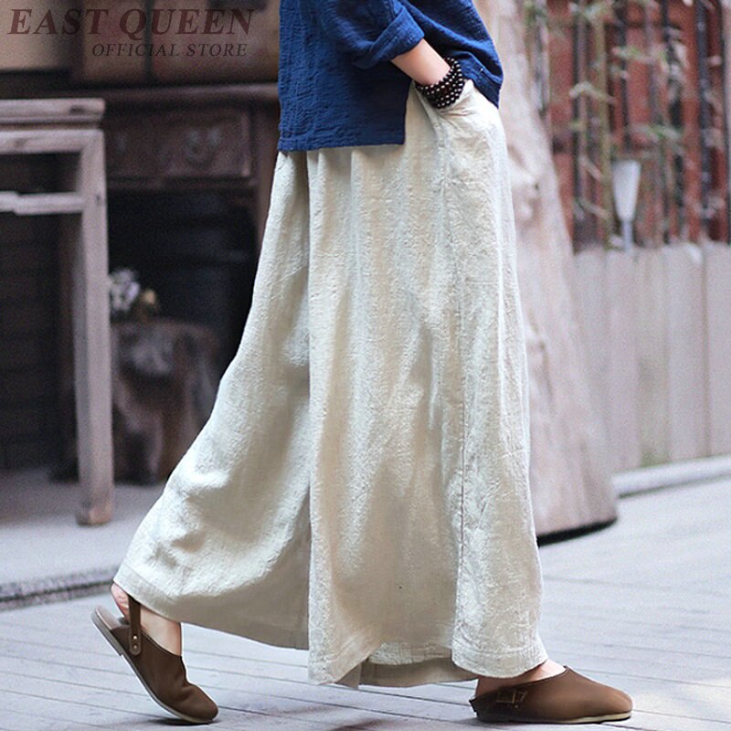 Culotte Palazzo en lin de style chinois pour femme, pantalon à jambes larges, ample, baggy, , FF1268