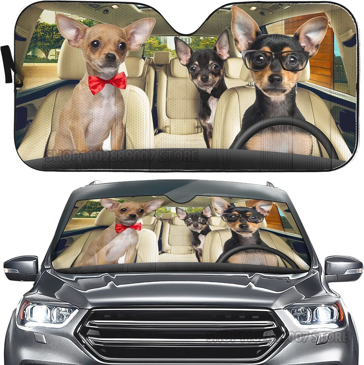Chihuahua Auto Sun Shade Car Windshield Window Cover Cute Chihuahua Dog Family Sun Visor Protector Sunshade Animal Car Decor: green