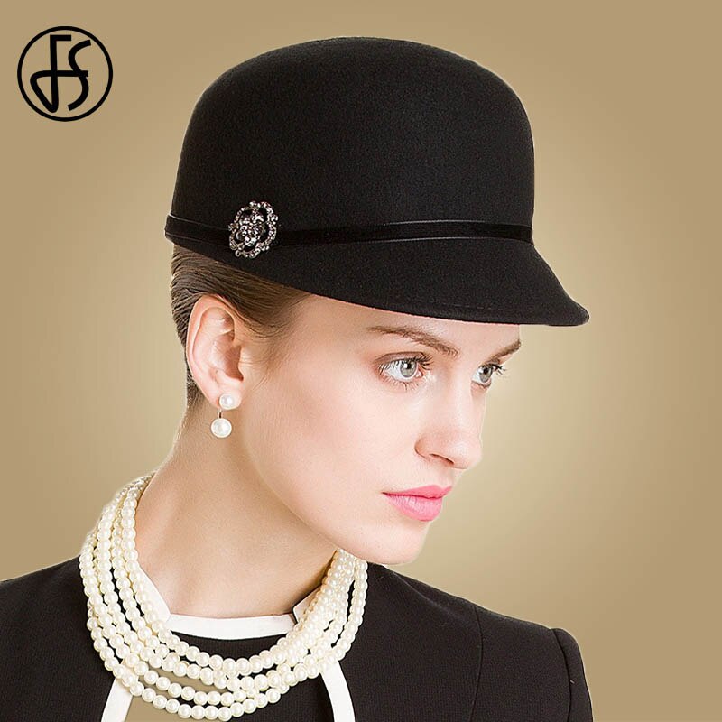 FS British Women Wool Equestrian Hat For Winter Church Black Felt Cloche Hat Wide Brim Fedora Rhinestone Beret Bowler Caps