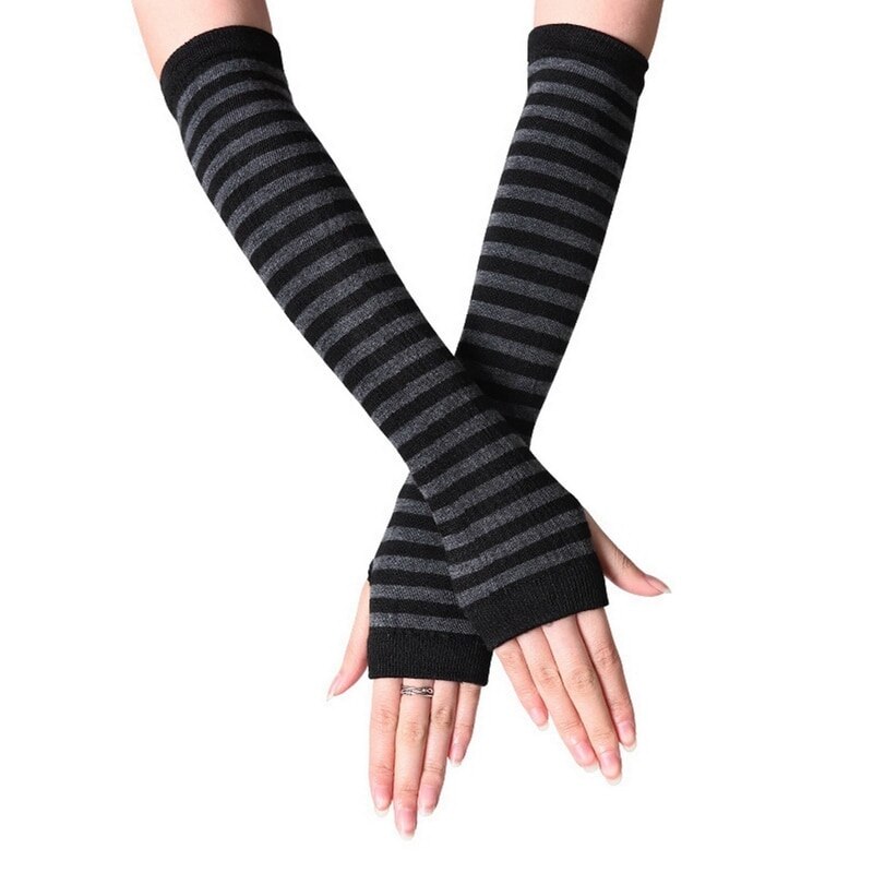 Women Lady Striped Elbow Gloves Warmer Knitted Long Fingerless Gloves Elbow Mittens Christmas Accessories: 14