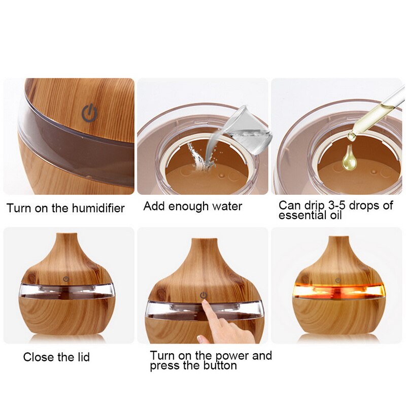 300ML Electric Humidifier Essential Aroma Oil Diffuser Ultrasonic Wood Grain Air Humidifier USB Mini Mist Maker for Office