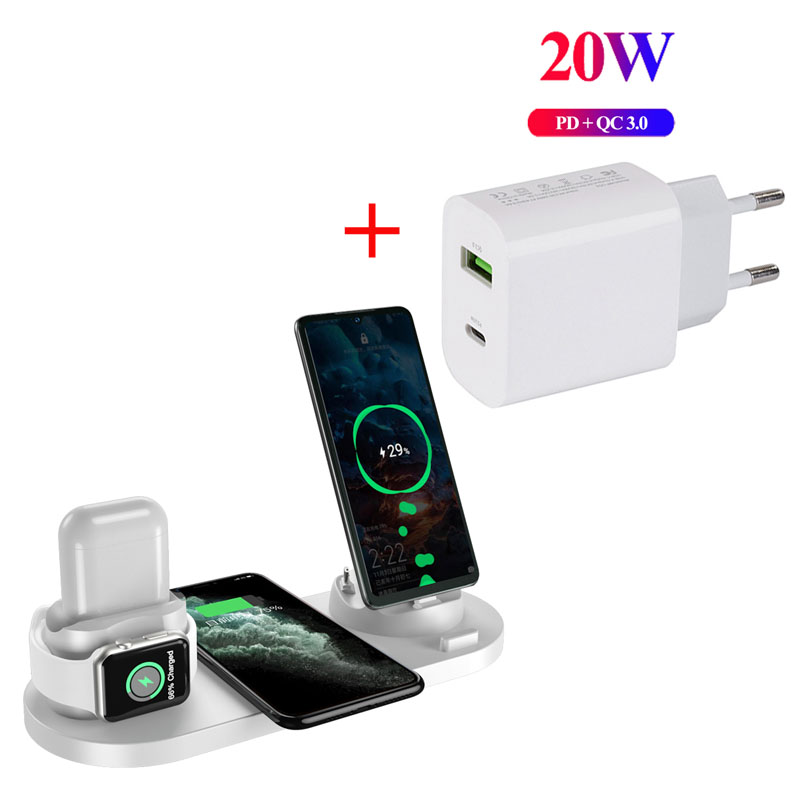 Station de charge sans fil rapide 3 en 1, pour Apple Watch 10W 6 en 1, AirPods pro iPhone 12 11, Station d&#39;accueil: White with Charger
