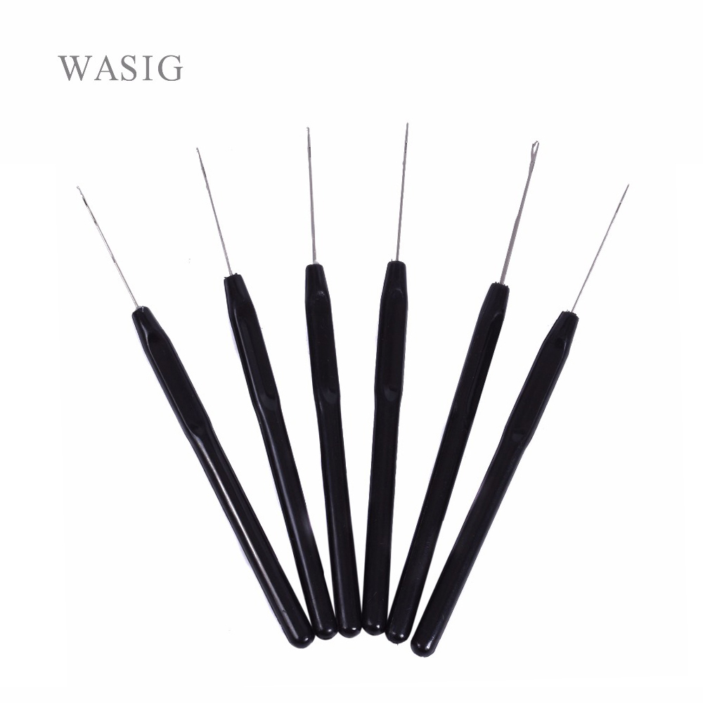 6 stuks zwart plastic handvat haak naald threader lus trekken naald voor micro hair extensions gereedschappen