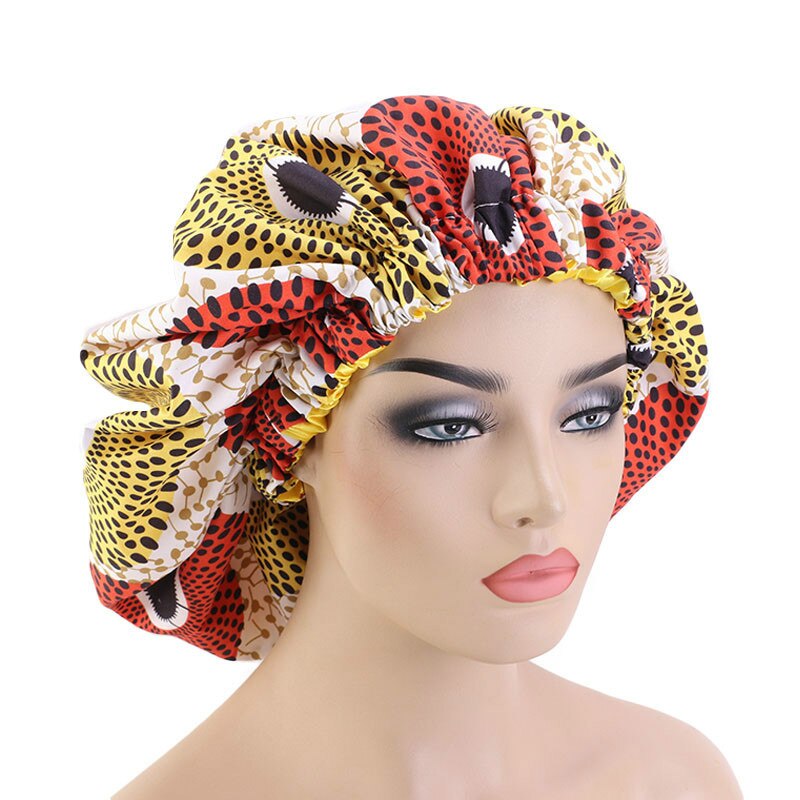 Dubbelt lager satin turban afrikanskt mönster tryck motorhuv kvinnor dag natt sömn mössa extra stor huvud klädsel dam huvud omlott hatt