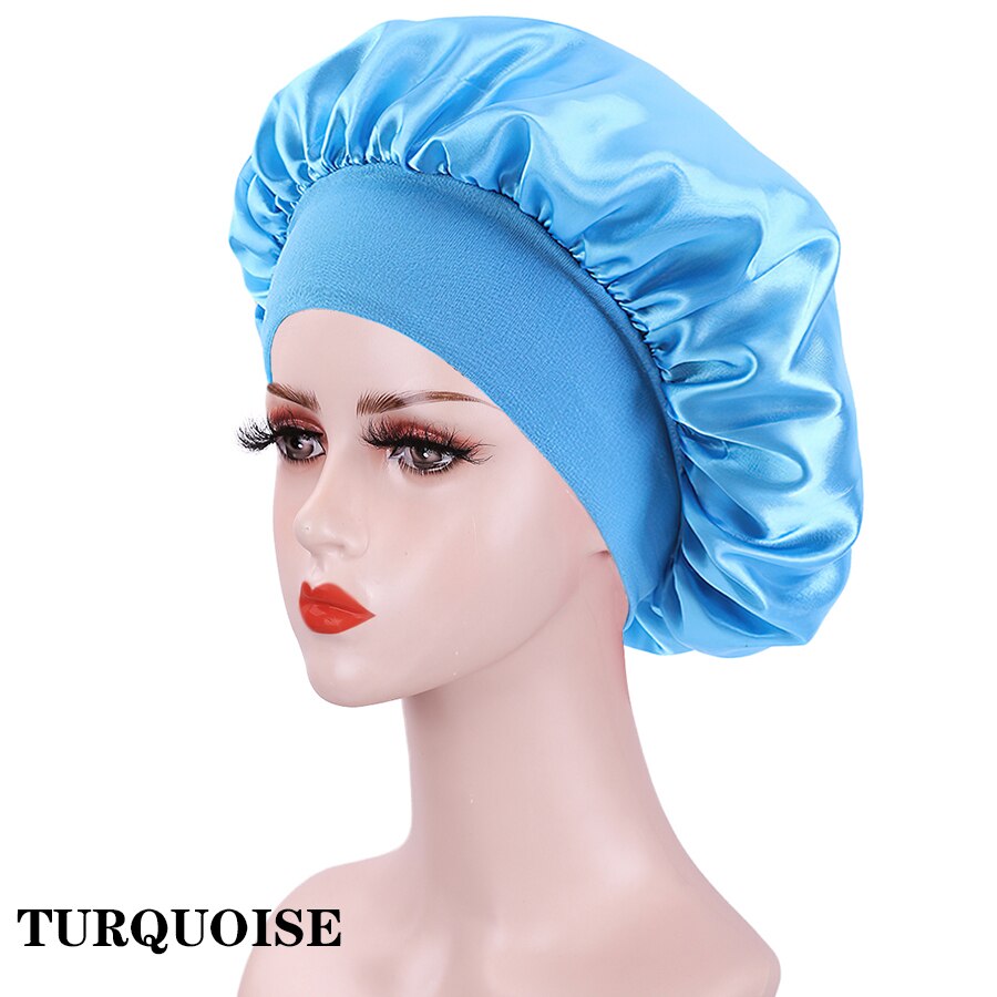 Wide Elastic Band Women Satin Night Sleep Cap Hair Bonnet Hat Silk Head Cover Women&#39;s Satin Solid Sleeping Hat Night Sleep Cap: TURQUOISE