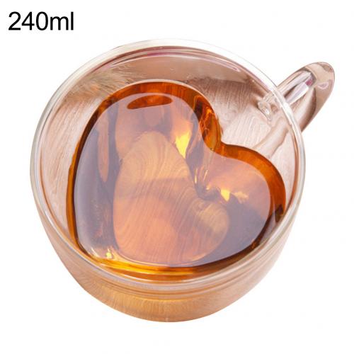 Dobbelt væg kærlighed hjerte håndtag kaffe te varm koldt resistent harmløs høj borsilikatglas isolering kop drinkware: 240ml