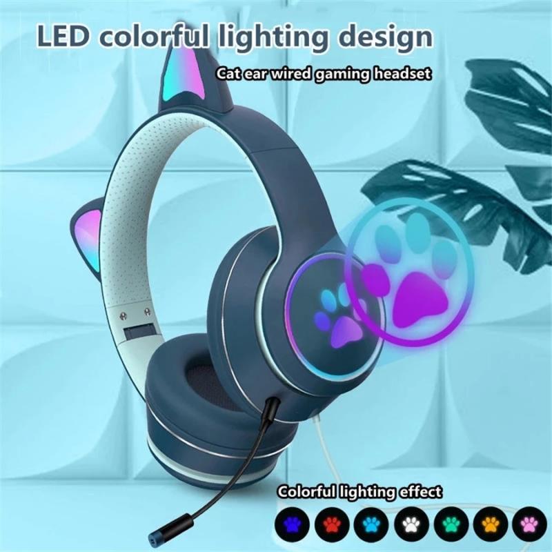 AKZ-022 Cat Ear Wired Gaming Earphone 7.1 Channel LED Lighting Over-head Headphone Headset With Noise Reduction Mic For Gamer