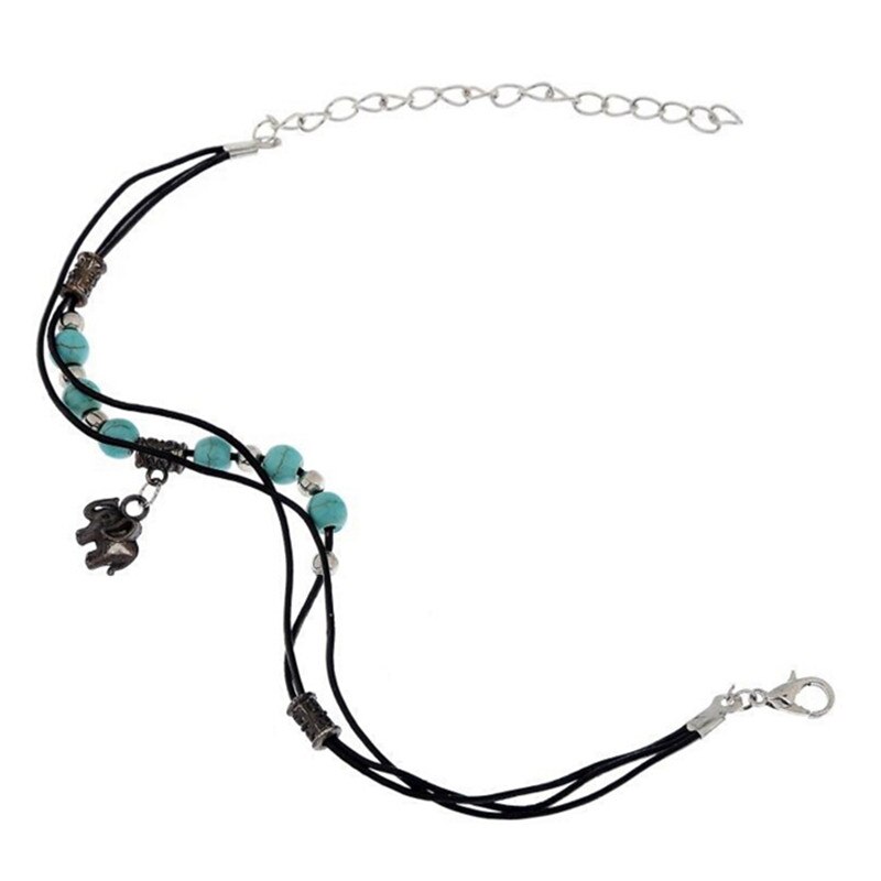 Tobillera de cuentas con colgante de elefante tibetano, joyería de playa, pulsera de tobillo con cadena de cuero para pies, Estilo Vintage, Retro, bohemio, 1 unidad