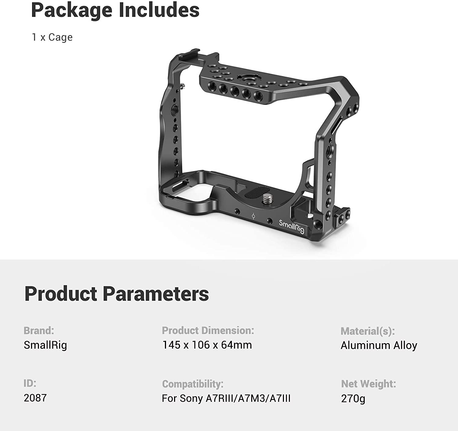 SmallRig A7RIII / A7III / A7M3 Camera Cage for Sony A7RIII / A7III / A7M3 Camera (ILCE-7RM3 / A7R Mark III), w/ Shoe Mount 2087