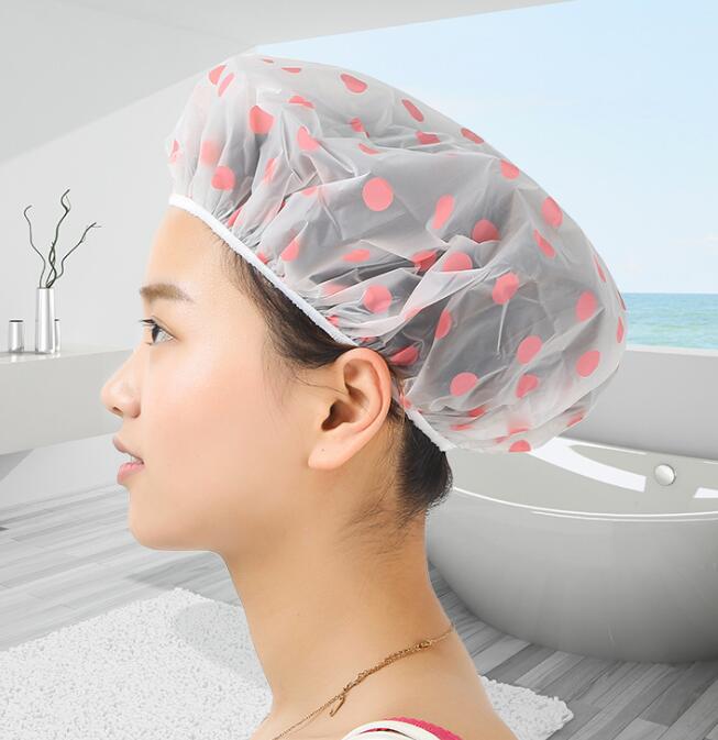 2pcs Shower Caps Bathroom Hair Protect Women Dot Head Cover Adults Waterproof Bathing Cap: Pink 2PCS