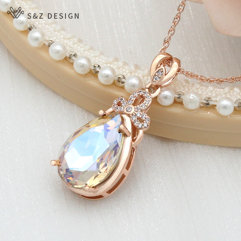 S & Z uco-Collier pendentif goutte d'eau en cristal coloré pour femme, or rose 585, bijoux de mariage,: Rhodium plaqué