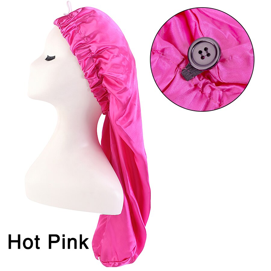 Sateng hette stor sovehette med knapp langt hår for fletter satenghette for kvinner silke natthette elastisk bånd for å sove: Hot pink