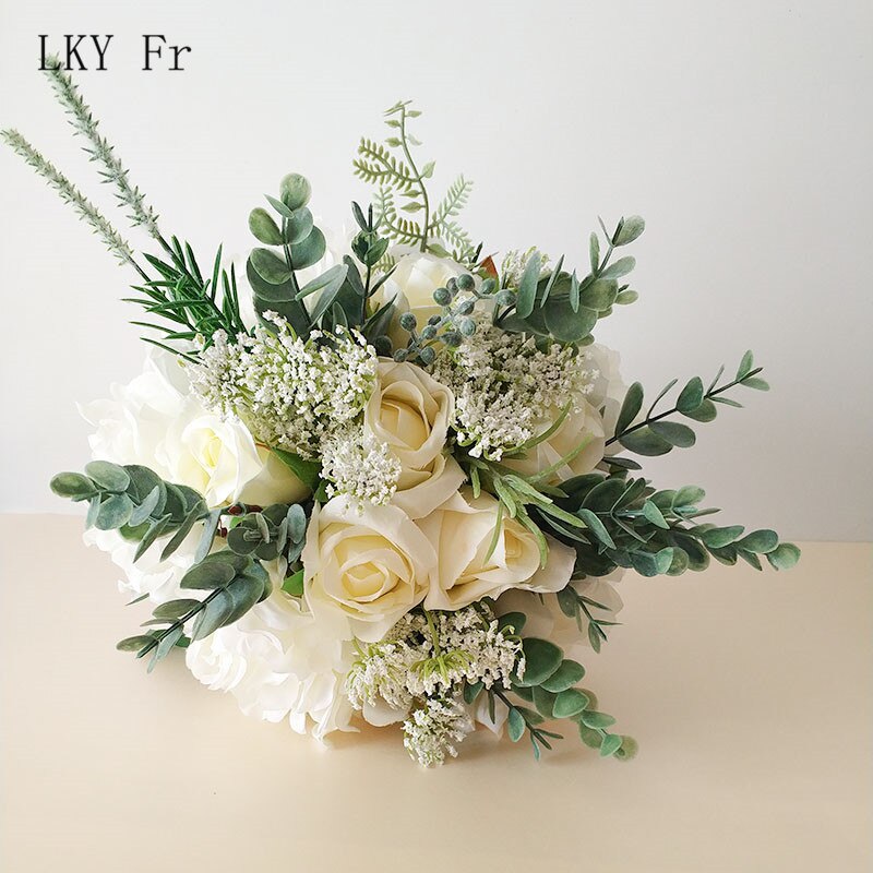 Lky Fr Bruiloft Boeket Bloemen Kunstmatige Bruidsboeket Bruid Accessoires Wit Roze Zijde Rozen Bruidsmeisjes Huwelijk Decoratie