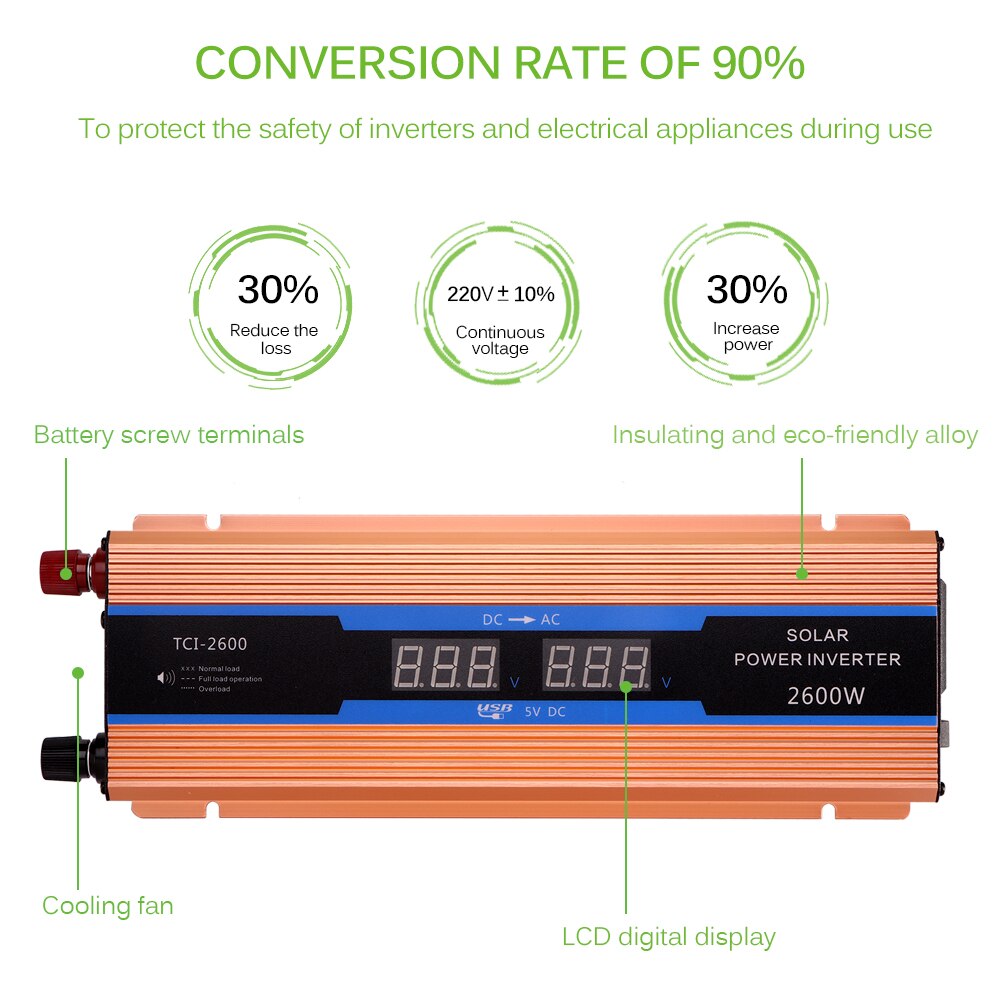 Auton invertteri 2600 w dc 12 v -  ac 220 v tehoinvertteri laturi muunnin käänteisen napaisuuden suoja ajoneuvon virtalähteen kytkin