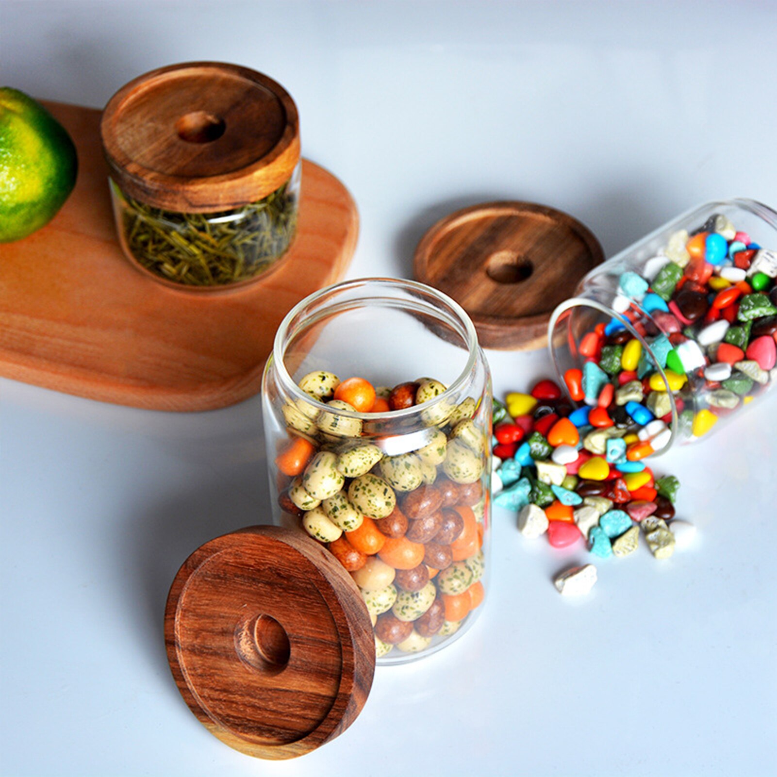 Bouteille hermétique en verre avec couvercle en bois thé Grains de café Grains récipient de nourriture
