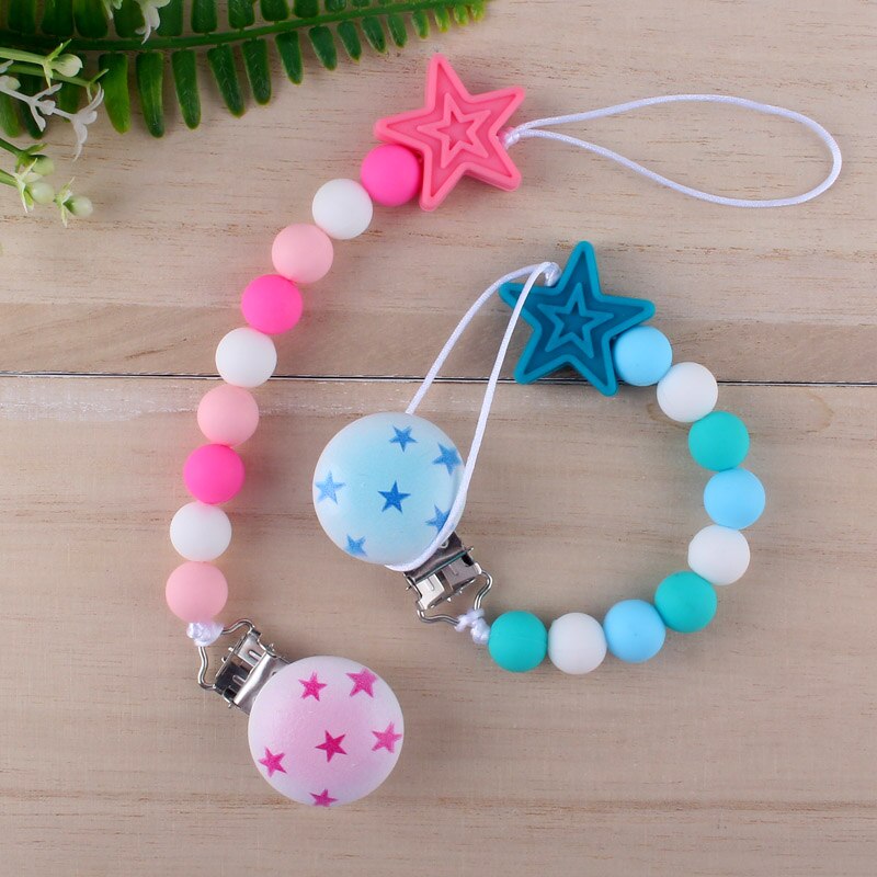Fancy Pink Blue Binky Holder Soothie Paci Clip Silicone Star Beads Pacifiers Clip
