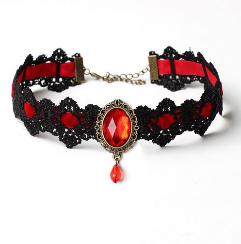 Halloween Sexy Gothic Chokers Crystal Black Lace Hals Collares Choker Ketting Vintage Victoriaanse Vrouwen Chocker Steampunk Sieraden: Rood