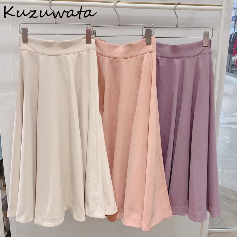 Kuzuwata-ropa de estilo japonés para mujer, nuevos diseños, colores de caramelo dulce, Faldas sólidas, pliegues del imperio, Faldas de corte a para mujer