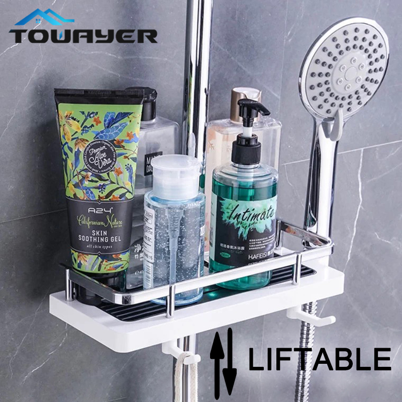 Shower Storage Rack Bathroom Organizer Pole Shelves Shampoo Tray Stand Single Tier No Drilling Lifting Bathroom Accessories